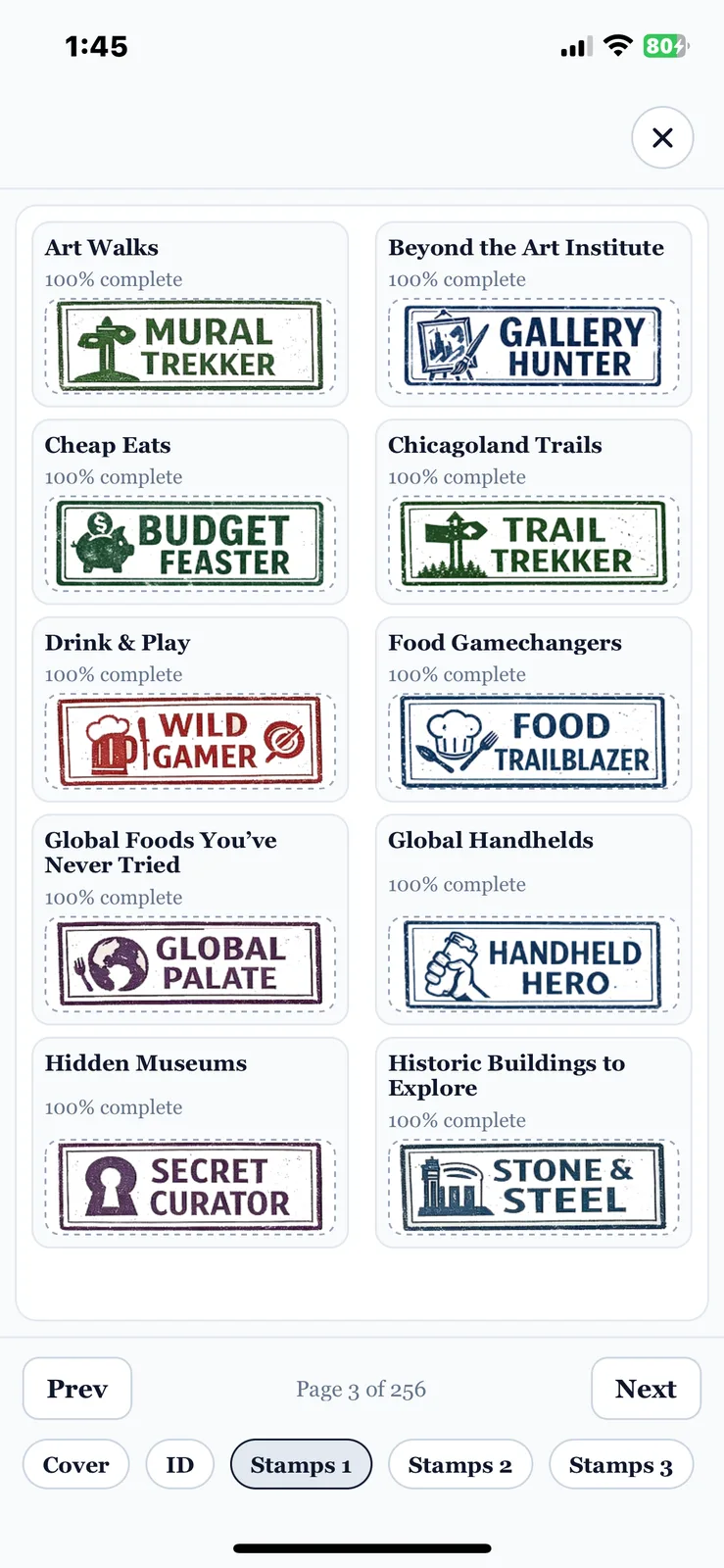 A collection of themed digital stamps earned in Chicago Passport